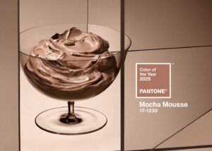 Pantone-Farbe des Jahres 2025: Mocha Mousse, dargestellt durch eine digitale Illustration mit erdigen Brauntönen, die die Wärme und Eleganz der Farbe betonen